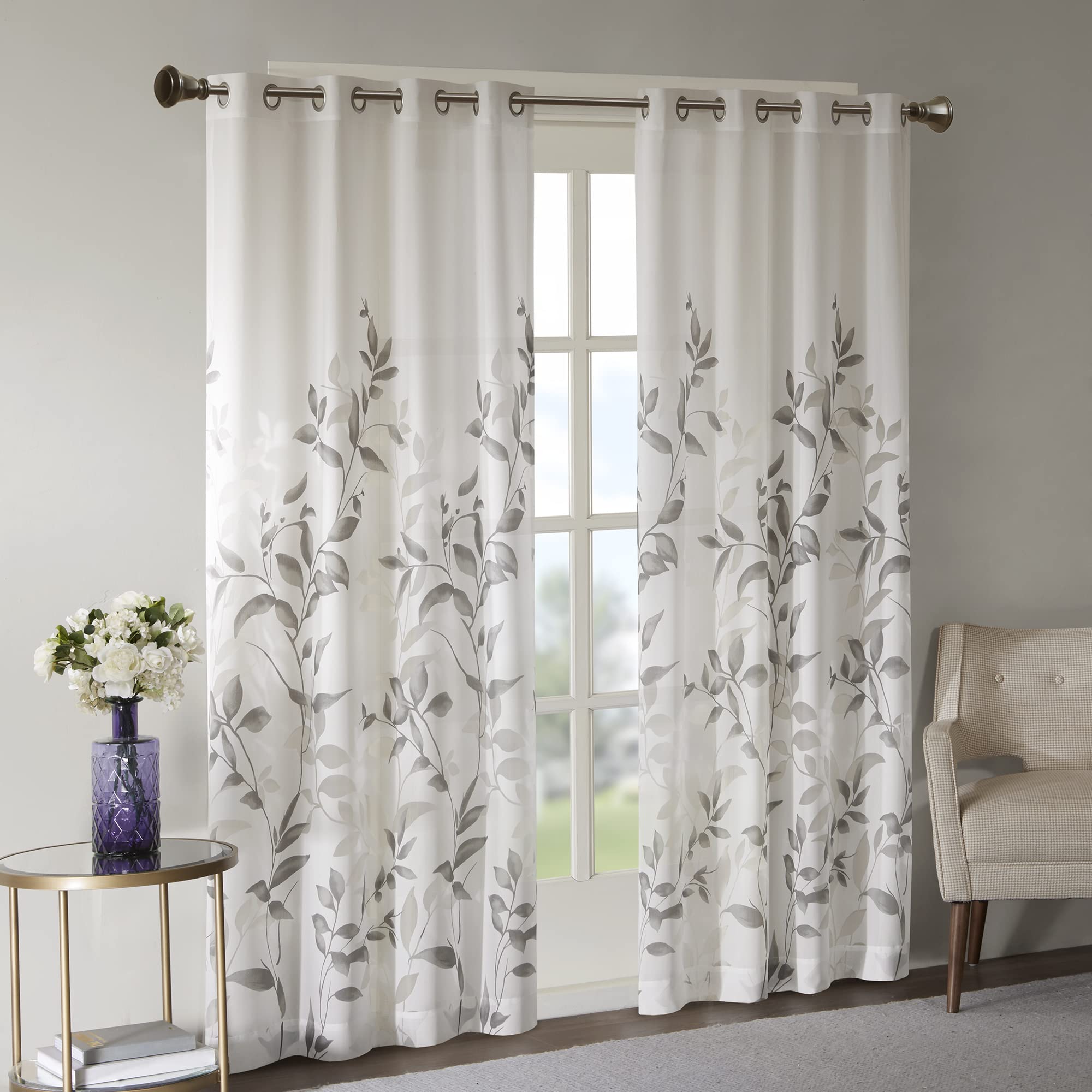 Madison Park Cecily Semi Sheer SINGLE Panel Window Curtain, Easy To Hang, Leaves Grey (Pack of 1)