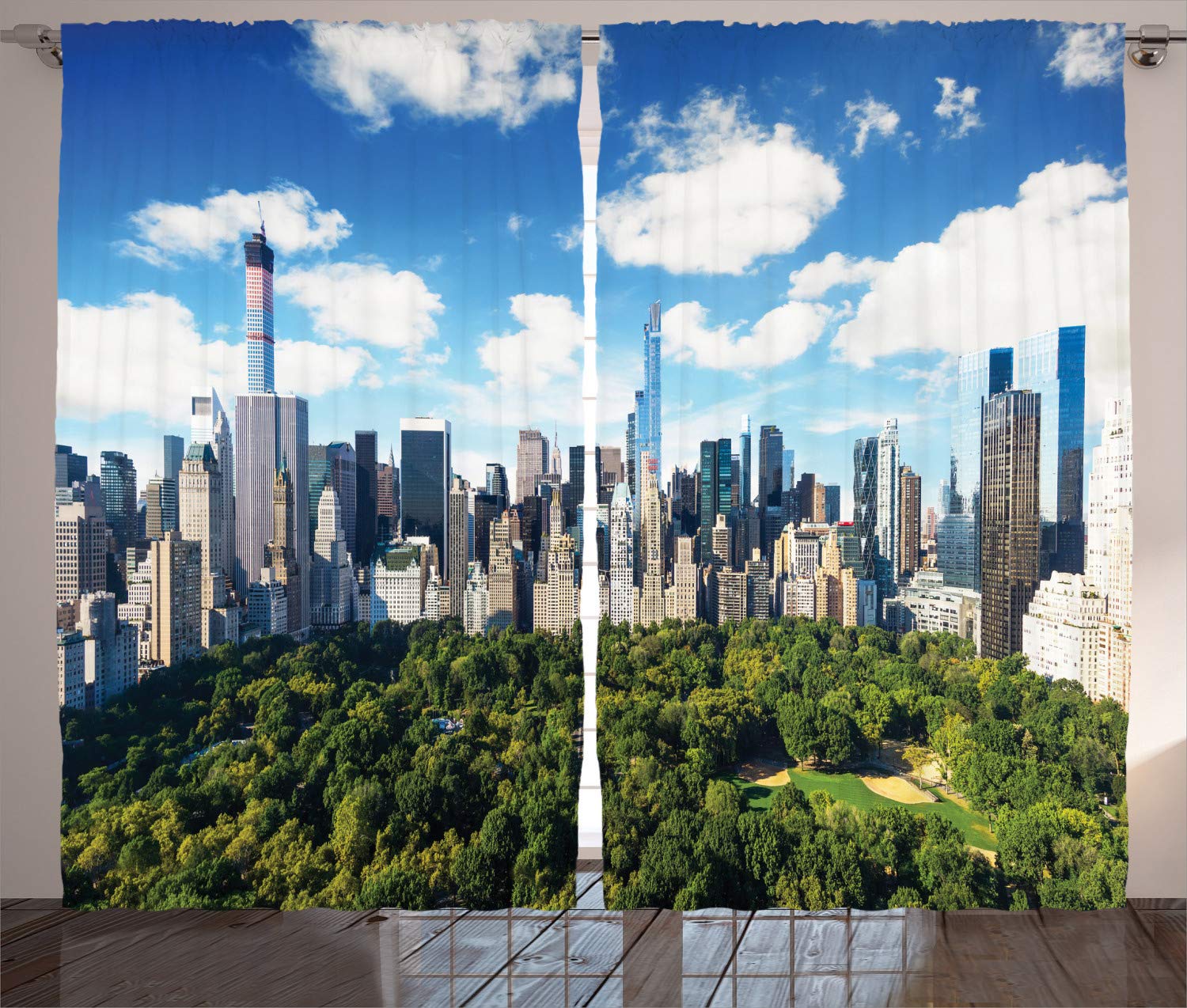 Lunarable NYC Central Park View Curtains for Living Room and Bedroom, Sunny Day Skyline with Clouds, 2 Panel Set 108" X