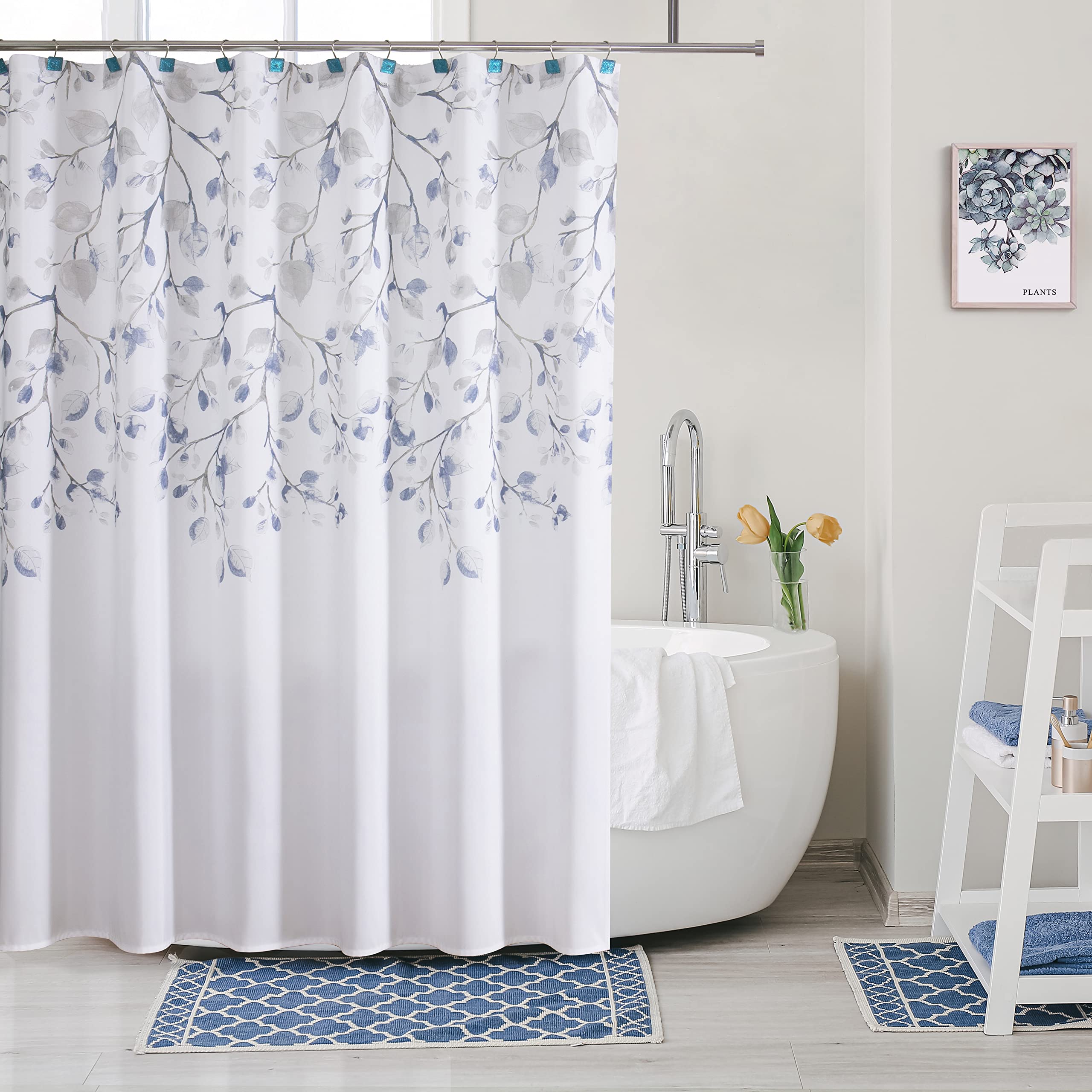 Central Park Navy Blue Leaf Shower Curtain OEKO-TEX STANDARD 100 White 70x72 Hotel Bathroom Decorative Sweeping Floral P