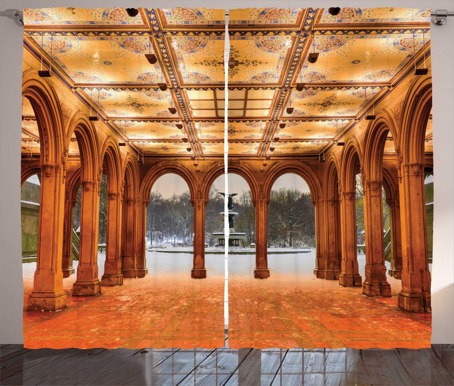 Lunarable Central Park Curtains, Majestic Monument Design, Winter Landscape, Living Room & Bedroom Window Drapes 2 Pane