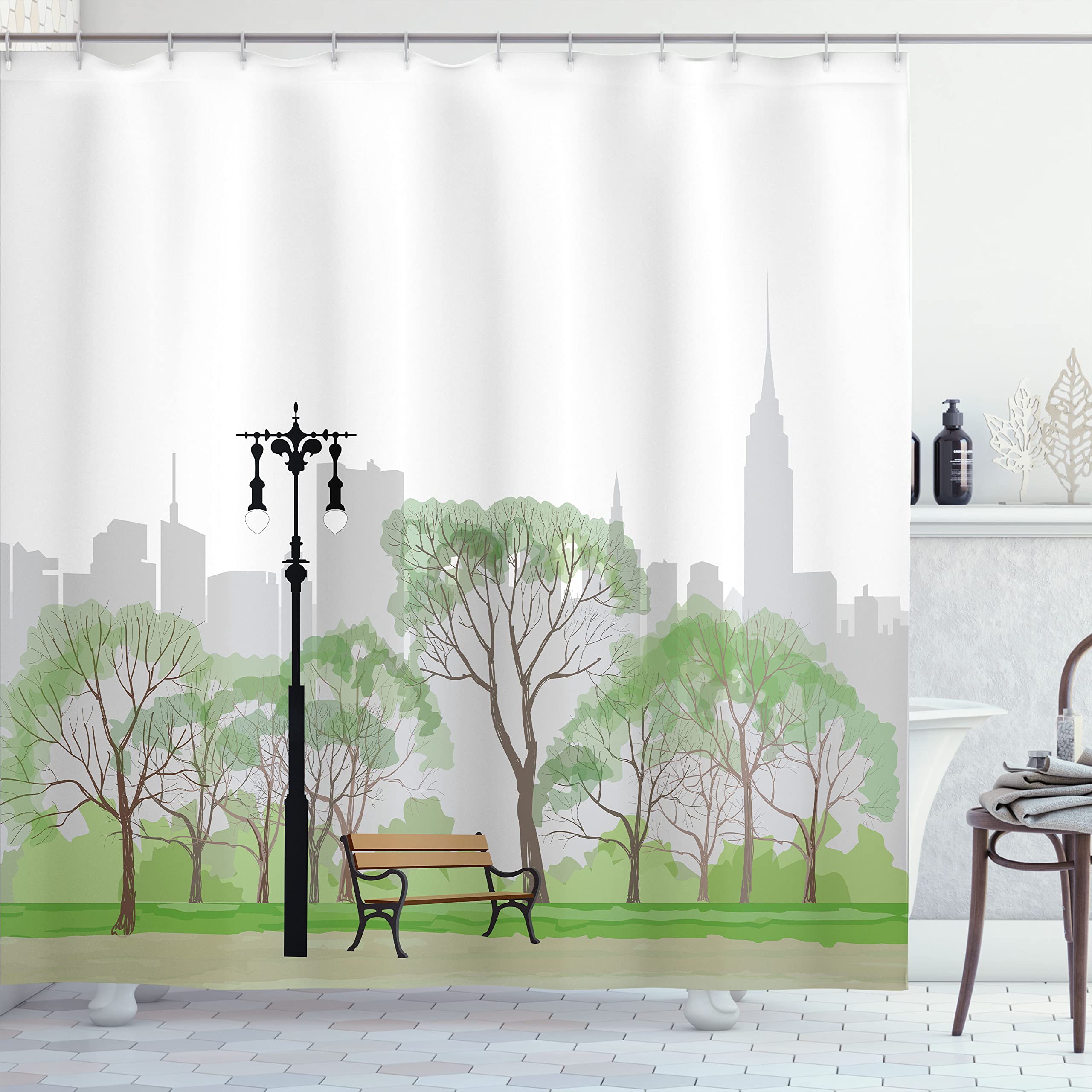 New York Shower Curtain - Central Park Scene with Bench and Trees Skyscraper Silhouettes American Landscape Cloths
| Ce