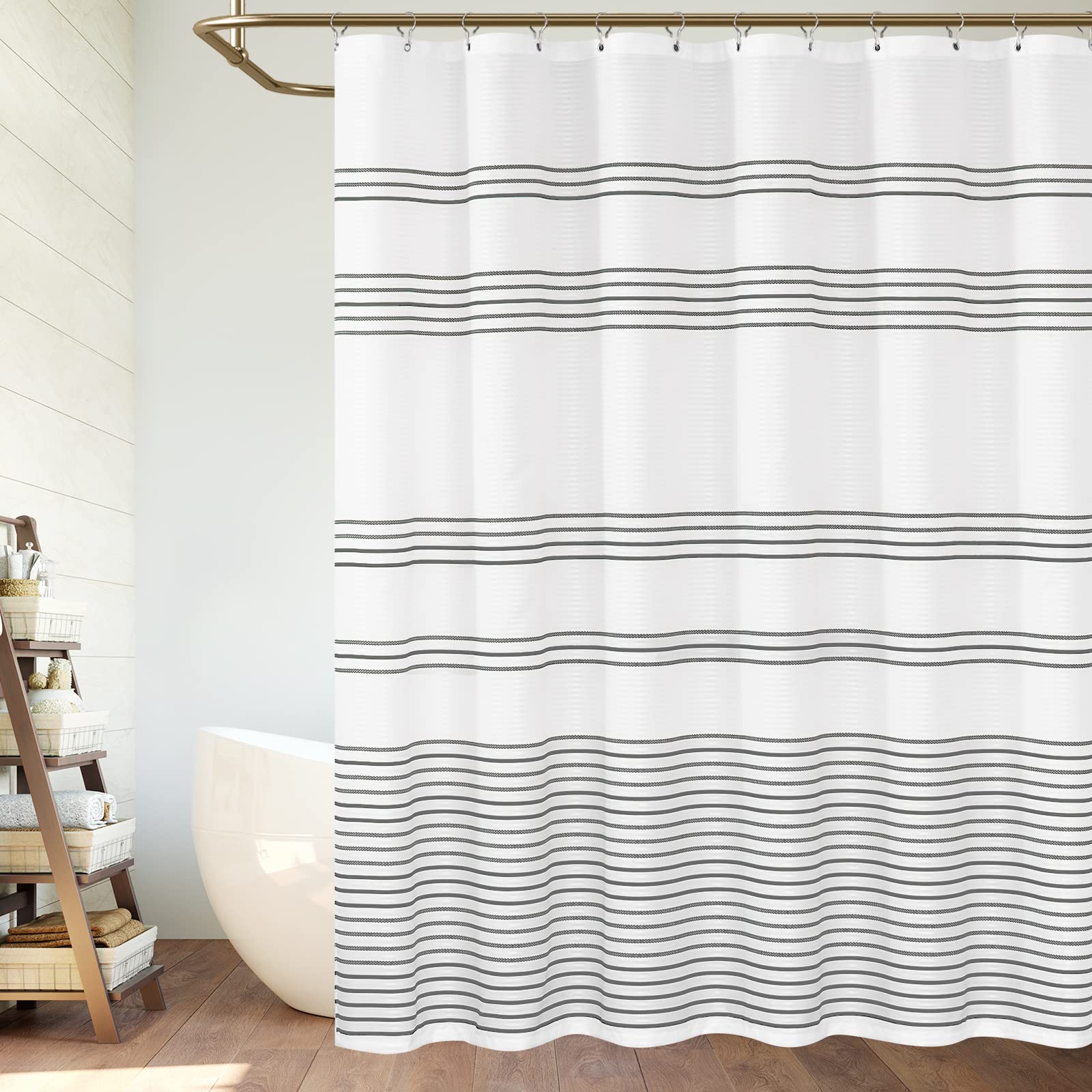 Vangao Grey and White Striped Waterproof Shower Curtain for Bathroom Modern Hotel Style Set with Hooks
| Vangao Grey an