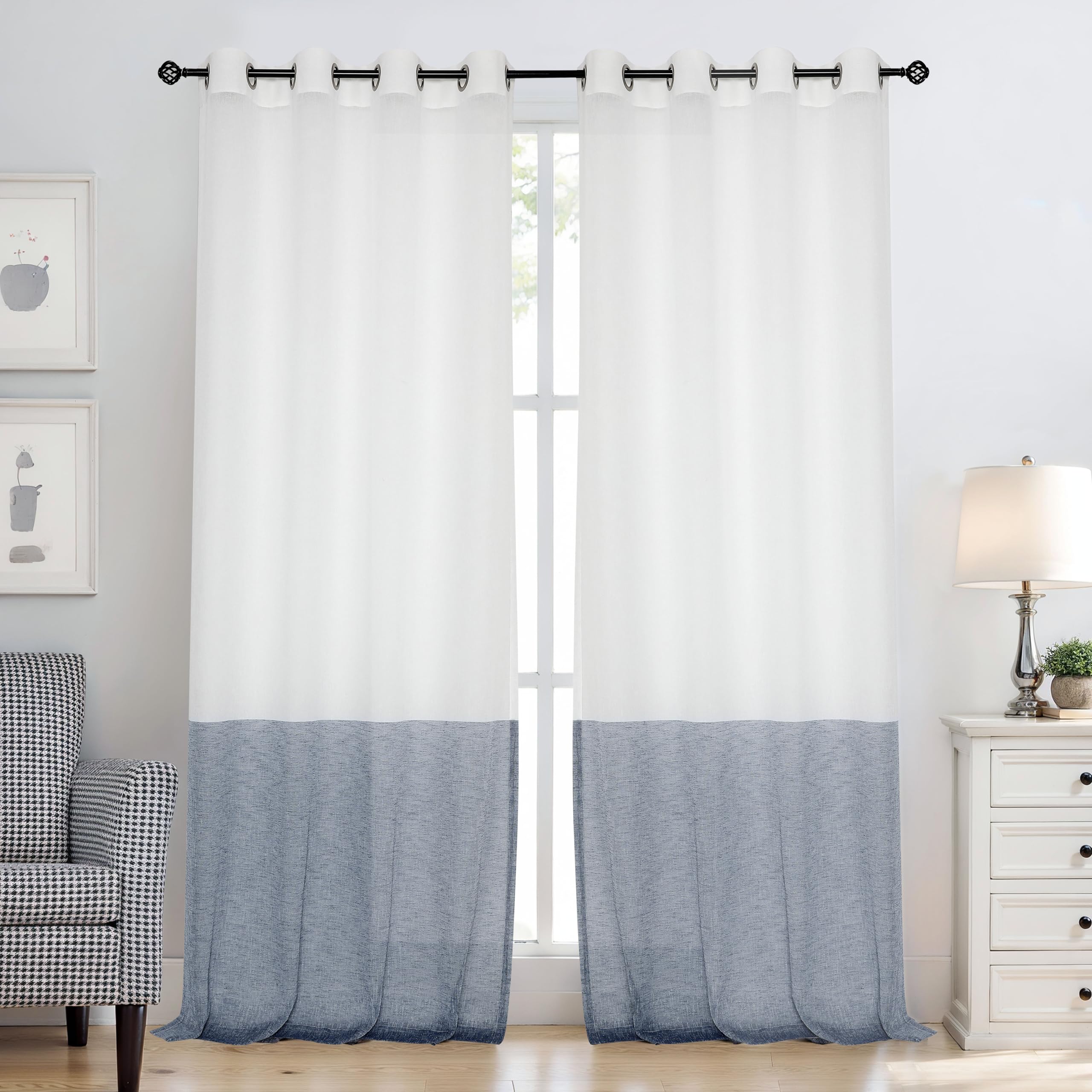 Navy and White Color Block Stripe Curtain 95 Inches Long Grommet Top Linen Bedroom Living Room Furnishings, 2 Panels, 52