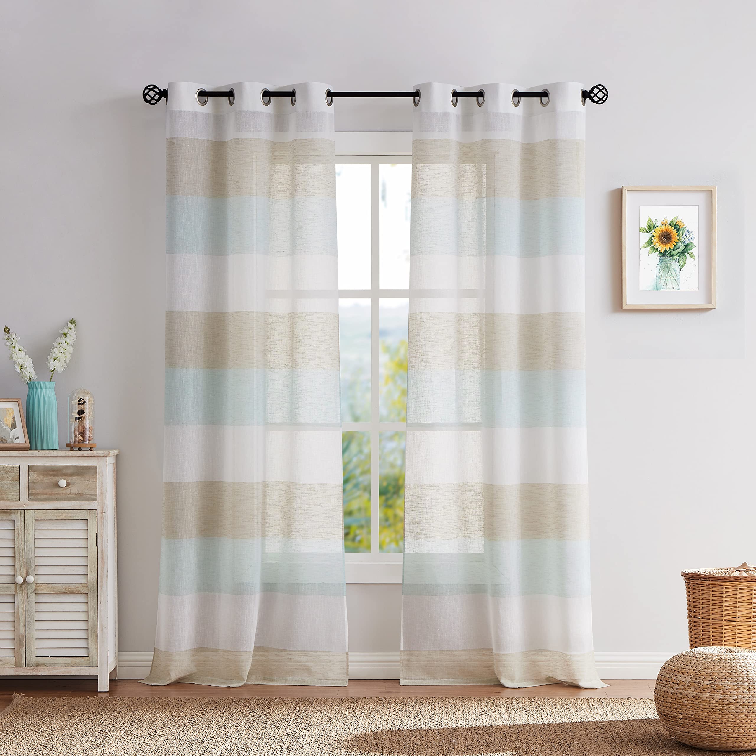 Central Park Tan and Spa Blue Stripe Sheer Color Block Window Curtain Panel for Bedroom and Living Room Rustic Drapes
