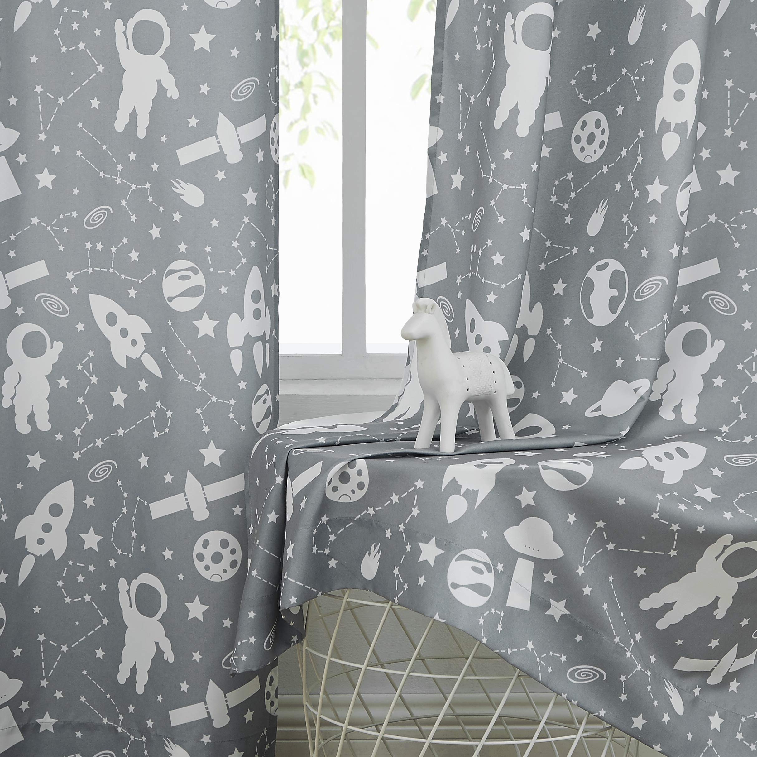 Central Park Gray Kids Curtains Soft Microfiber Light Filtering, Boys and Girls Nursery Bedroom Space Planet Theme with