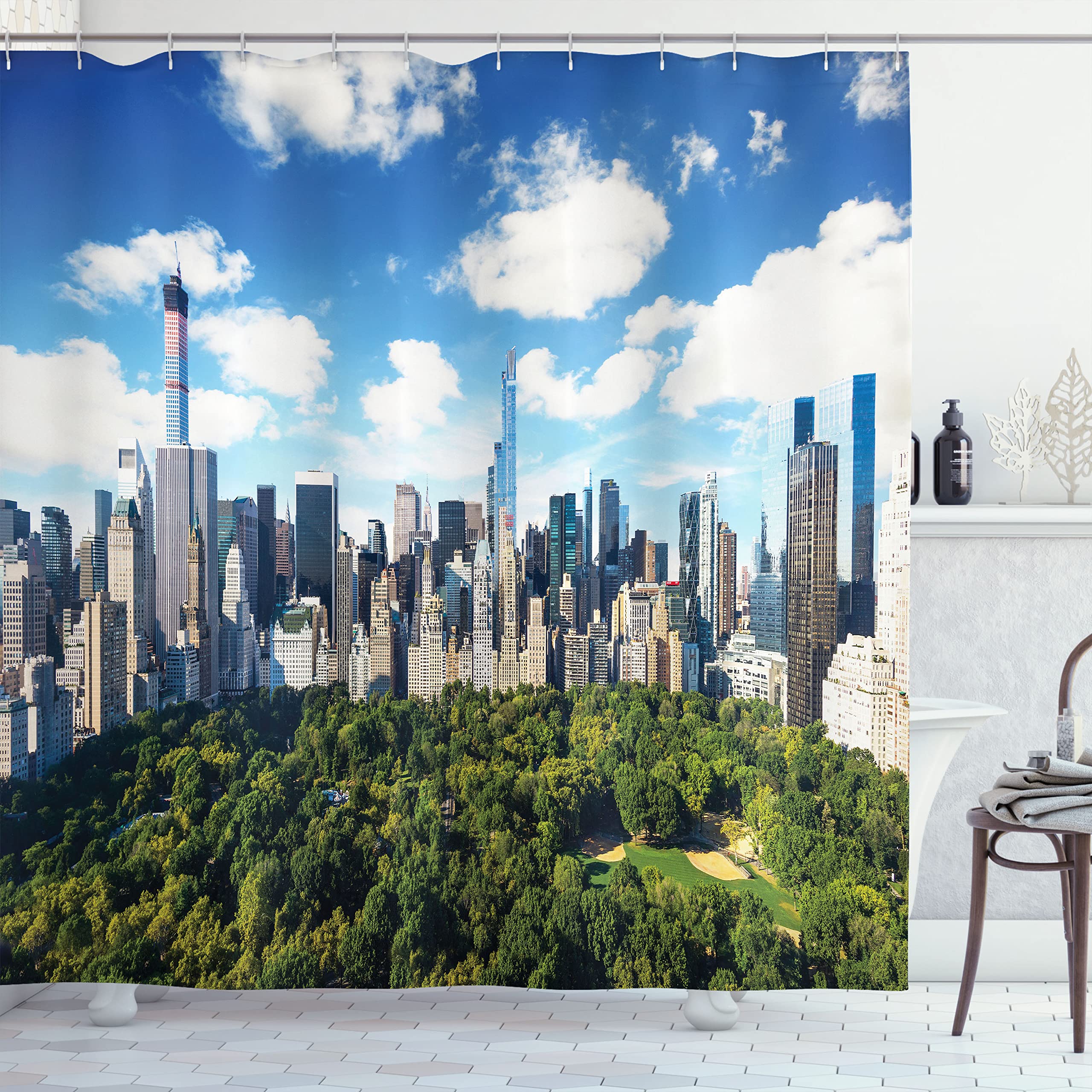 Ambesonne NYC Central Park Shower Curtain, Blue White Central Park View Set with Hooks